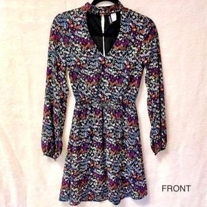 H&M Floral Print Choker Mini Dress with Keyhole Neckline - Long Sleeve - Size 4